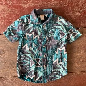 Hawaiian Toddler Button-Down Shirt / Gymboree / XS 4 / Blue Green Leaf Pattern